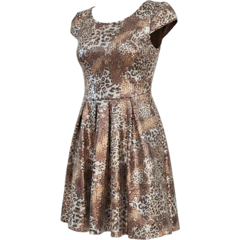 Betsey Johnson Sequin Animal Print Dress Womens 8 Brown‎ Excellent Fit & Flare